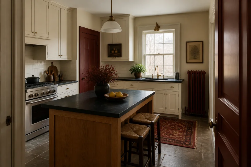 Warm older-home kitchen concept with cream cabinets, an oak island, dark counters and a retained radiator