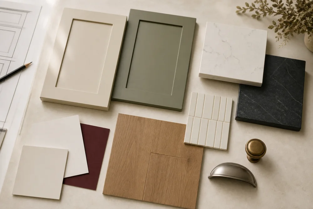 Cabinet doors, counter samples, tile, wood flooring and two hardware finishes on a design table