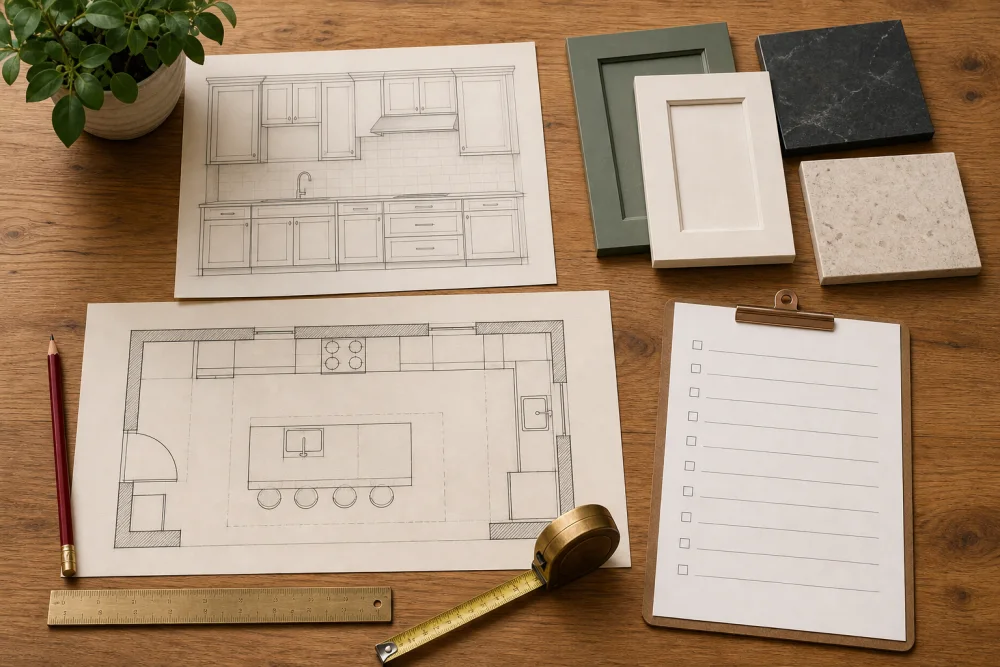 Kitchen floor plan and cabinet elevation with material samples, a tape measure and a blank checklist